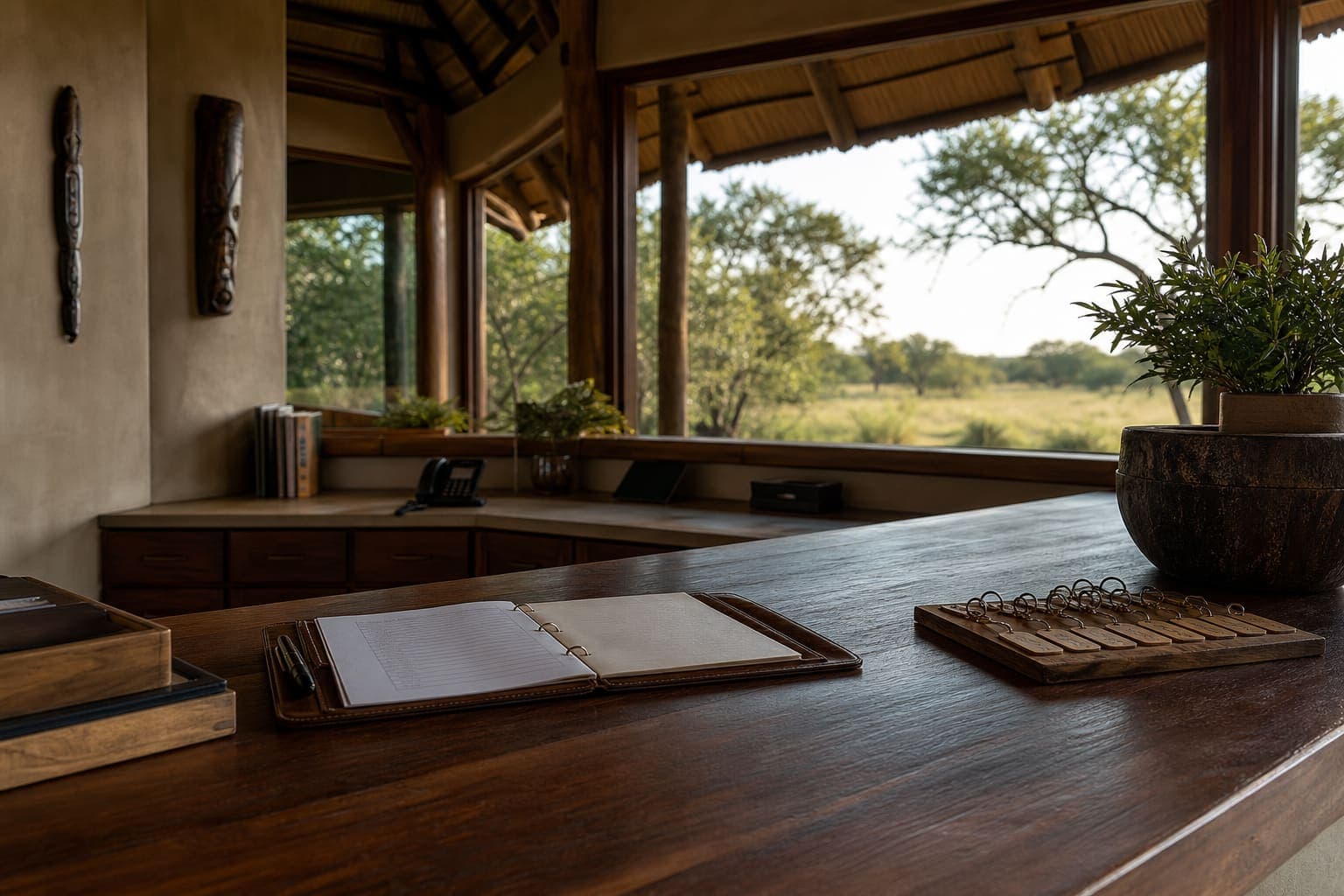 Lodge front desk looking out toward the bush